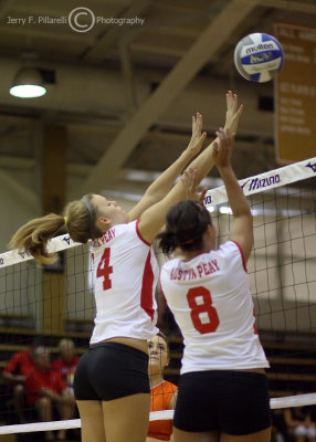 Austin Peay MB Mollman and S Sarah Alisaleh go up for a block