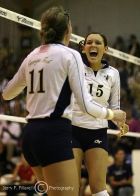 Yellow Jackets MB Roderick celebrates a point with OH Hunter