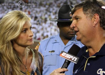 ESPN Reporter Erin Andrews interviews Jackets Head Coach Paul Johnson at midfield after the game
