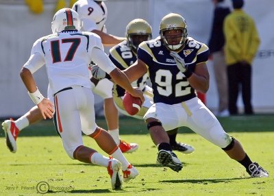 Georgia Tech DE Jason Peters chases down Miami QB Morris