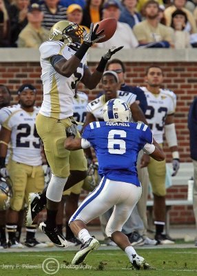 Yellow Jackets WR Stephen Hill makes a leaping grab over Blue Devils CB Ross Cockrell