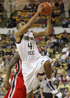 Georgia Tech G Rice drives in for the lay up