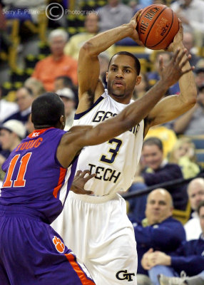 Georgia Tech G Maurice “Moe” Miller looks to pass over Clemson G Andre Young