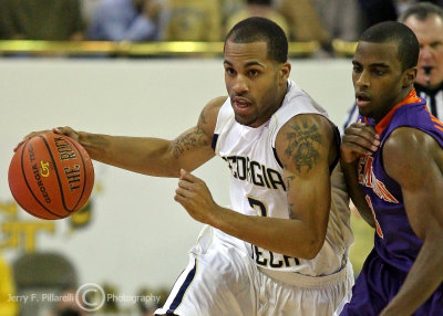Georgia Tech G Miller drives around Clemson G Zavier Anderson
