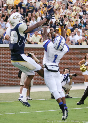 Yellow Jackets WR Darren Waller is defended by Blue Hose CB Antarius Terrell