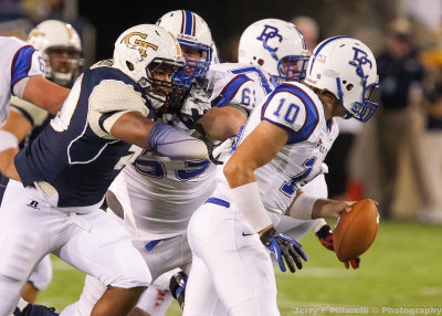 Tech DE Jimmie Kitchen pursues Presbyterian QB Chad Sanders…