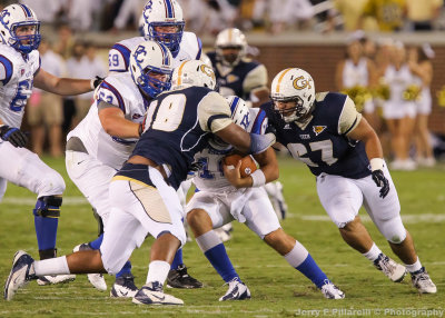 …GT DE Kitchen gets the sack on Presbyterian QB Sanders