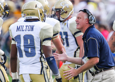 Tech Special Teams Coordinator David Walkosky makes a point to DB Chris Milton