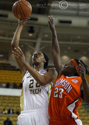 Georgia Tech F Alex Montgomery shoots over Clemson F FLesha Lloyd