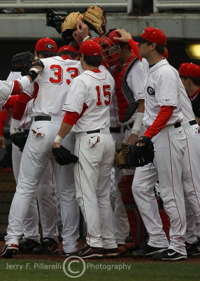 The Georgia Bulldogs huddle before taking the field for game one