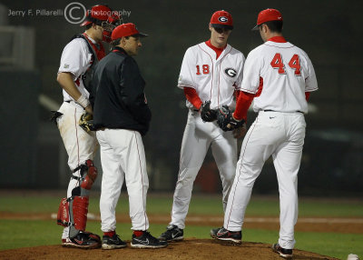 Georgia Coach Perno on the mound to replace P Earls with reliever Stephen Brock