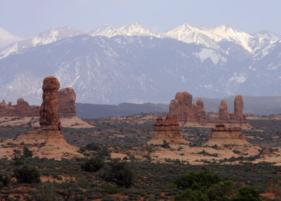 Formations dwarfed by the La Sal Mountains