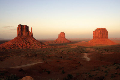 West Mitten, East Mitten and Merrick Butte just before sunset from the Navajo Tribal Center