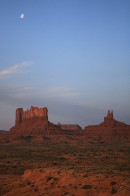 The moon over Castle Butte, Bear and Rabbit, Stagecoach and The King on his Throne during sunrise