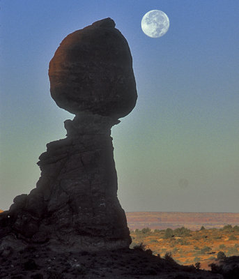 Setting moon and balanced rock, Arches National Park