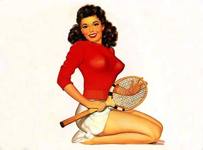 in red with racket: Evelyn West