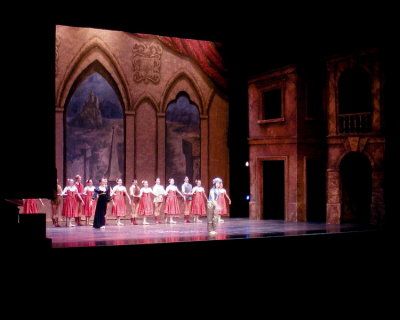 Curtain call for Snow White - Daniel is in middle holding his partner's hand.