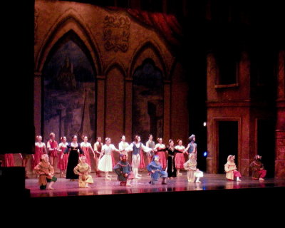 Curtain call for Snow White - Daniel is in middle holding his partner's hand.  The seven dwarfs are in front.
