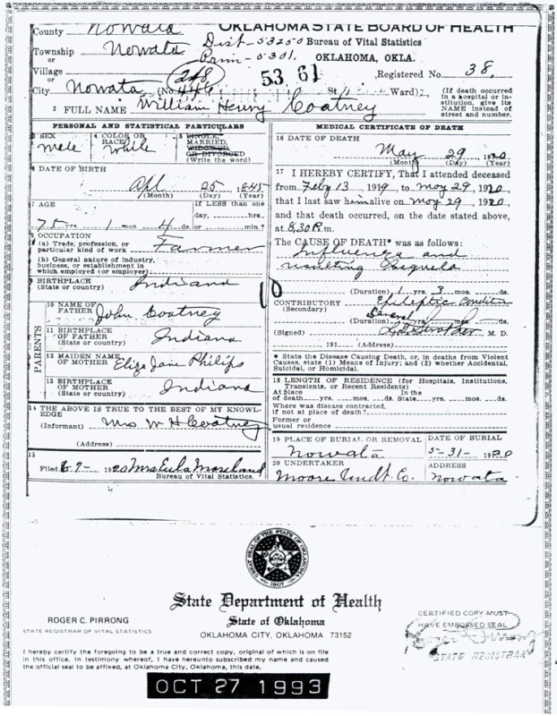 W.H. Coatney Death Certificate