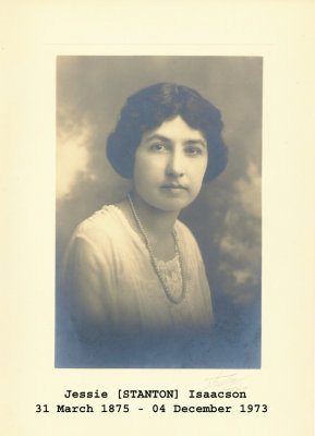 Jessie was the eldest of 11 children born to, David Stanton & his wife, Lucinda [KIRKMAN] Stanton. On 07 September 1907 in Buchanan County, she married, John O. Isaacson. At this writing, we're unaware whether or not this couple shared any children. This photograph is owned by, Kay Linda [STANTON] Burnos, and Karen Sue [STANTON] Stadler. They've donated this copy for our use here. They own the original copy of this picture.