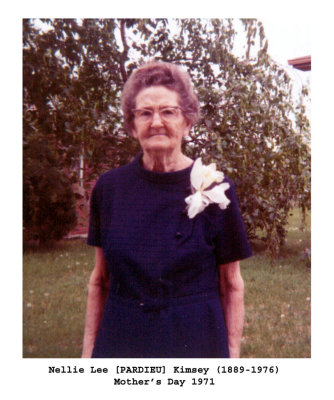 Nellie Lee [PARDIEU] Kimsey was born to, Ranson Pardieu and his wife, Mary Elizabeth [BUSH] Pardieu, in Holt, Clay County, Missouri on 18 August 1889. In Lathrop, Clinton County, MIssouri on 24 August 1910, she married, Clellen Kimsey. Together this couple would share three children. An original copy of this photograph is owned by Nellie's granddaughters, Kay Linda [STANTON] Burnos, and Karen Sue [STANTON] Stadler. They've donated a copy for our use here. 