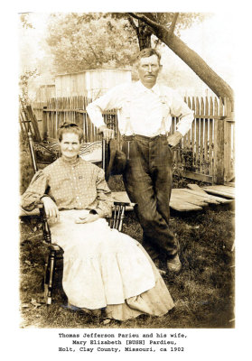 Thomas Jefferson Pardieu and his wife, Mary Elizabeth [BUSH] Pardieu are a set of maternal great grandparents to, two of my three sisters. Thomas' father, Ranson Pardieu was the man for whom the STANTON family dog was named, affectionately known in the family as, Pardy. An original copy of this photgraph is owned by the great granddaughters of this couple, Kay Linda [STANTON] Burnos, and Karen Sue [STANTON] Stadler. They've donated a copy for our use here.