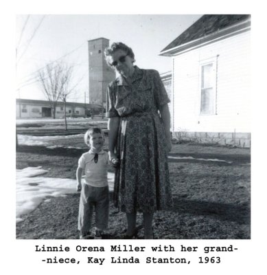 Shown above is Linnie Orena Miller standing with her young grandniece, Kay Linda Stanton. This original photograph is owned by, Kay Linda [STANTON] Burnos, and Karen Sue [STANTON] Stadler. They've donated a copy for our use here.