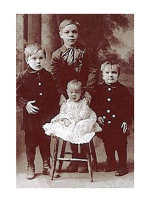 Above we see, Nelson Walter, William Robert, Newton Stephen, and, Leon August ST. CLAIR. They were all children of, Austin Newton St. Clair & his wife, vera Constance [MARKS] St. Clair. Because of the ages of the children shown, we believe this picture to have been taken around 1919. This terribly sweet photograph was donated for our use here by, Lyle Rolland St. Clair.