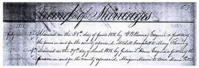Shown above is the marriage register for, Morgan Allen Mann and his bride, Anna maria Pettit. it is recorded in the Butler County Ohio Marriage Register Book, Volume II, page 63. Richard Mann owns an original copy of this document.  