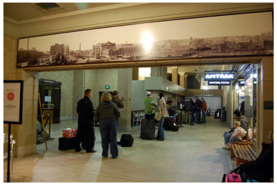 Notice above the archway the old photograph. It's of the Union Station from years past. Very cool. 