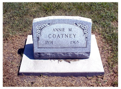 Annie M. Wigger was born to, George Albert Wigger and his wife, Sarah Jane [JARVIS] Wigger, in Missouri on 21 February 1891. In 1907 she married, Norris Coatney, and together this couple would share five children. She died in Nowata County, Oklahoma on 16 April 1968, and is buried in Nowata Memorial Cemetery, Nowata, Nowata County, Oklahoma. This picture was taken from Findagrave.com.