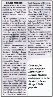 Obituary printed for Louise Pauline [ROBINSON] Hetrick, Mattson.
