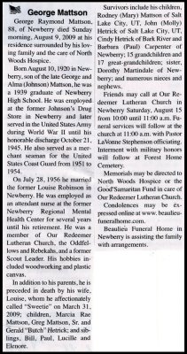 Above is the obituary for George Raymond Mattson, as printed in the Newberry News, on 12 August 2009, page 06
