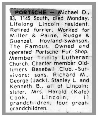 Shown above is the obituary printed for, Mikal (Michael) Mike Portsche, as printed in the Lincoln newspaper in January of 1974.