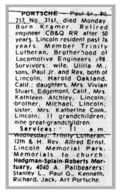 Shown above is the obituary of Paul Portsche Sr., as it appeared in the Lincoln Newspaper, January 1974.