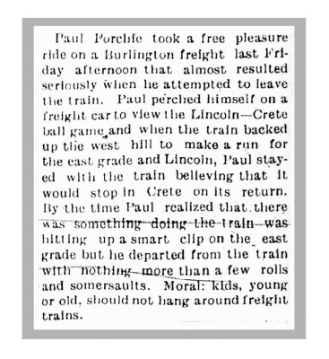 I found this article in the Crete newspaper one day whilst doing research in the Nebraska State Historial Library, in Lincoln. It was printed in the Crete News, 11 May 1911 and describes most of Paul's descendants for the last one hundred years or so. When I first read this article, I laughed out loud, right there in the library.