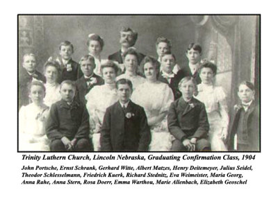 Above we can see a scanend image of the Lutheran Confirmation picture for, Johann John Portsche, 1904. John is the first boy in the front row, far left.
