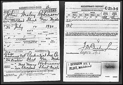 Above is the World War One draft card for John Wesley Robinson.  