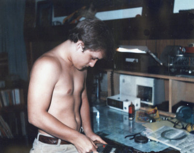 This was taken many, many beers ago. I was eighteen & living in Burbank California. Here I was shirtless & hairless, working on some masterpiece, no doubt.