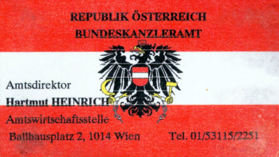 This is an old home made business card that belongs to a cousin of mine, who works for the Austrian government. Hartmut makes some fantastic wine.