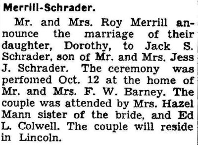 Shown above is the wedding announcement, printed in the Lincoln paper, 30 October 1940.
