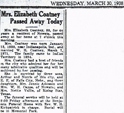 Shown above is the obituary printed for, Nancy Elizabeth [Wells] Coatney