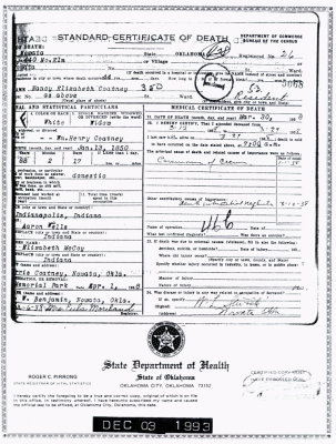 Shown above is the death certificate issued for, Nancy Elizabeth [Wells] Coatney