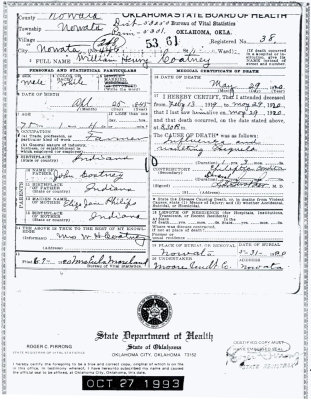 Shown above is the death certificate issued for William Henry Coatney
