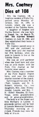 Shown above is the obituary printed for Ida Virginia [Banner] Coatney