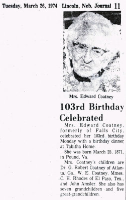 Above we see mention of Ida Virginia [Banner] Coatney's 103rd birthday. This article was printed in the Lincoln Newspaper. 