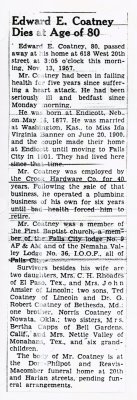 Shown above is the obituary printed in the Falls City newspaper for Edward Ernest Coatney