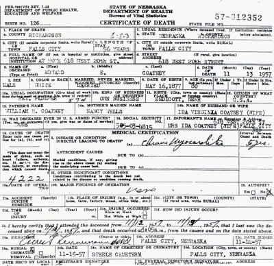 Shown above is the death certificate issued for Edward Ernest Coatney