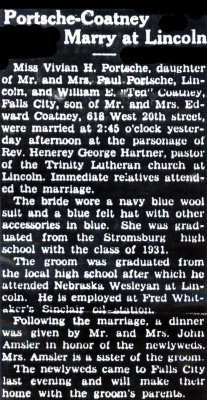 Above is the wedding announcement printed in the Falls City Nebraska newspaper for, William Edward Coatney and his bride, Vivian Hazel [Portsche] Coatney