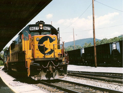 A Chessie SD50 on a westbound at Clifton Forge Va.jpg